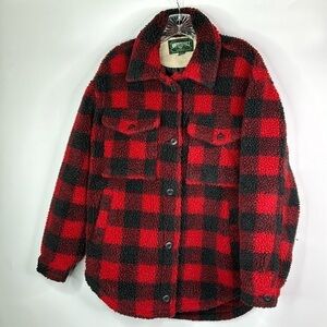Vintage American Eagle Fleece Sherpa Red Buffalo Plaid Button Up Jacket Small 90
